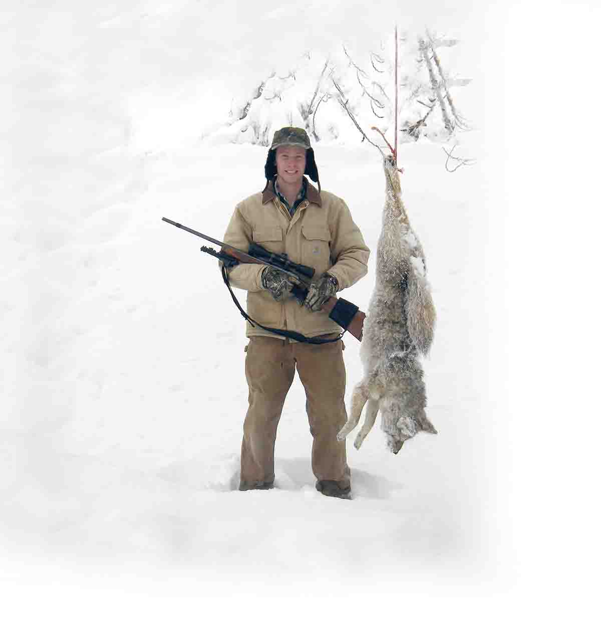 This coyote was taken with a Ruger No. 1 .243 Winchester. Temperature was recorded at 24 degrees below zero. The handload  contained a Hornady 87-grain V-MAX bullet.